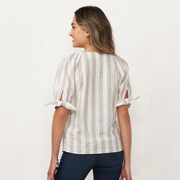 LC Lauren Conrad Knot-Sleeve Button-Front beige white striped Linen top NWT - Picture 7 of 9